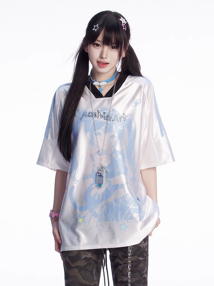 V-Ausschnitt Blau/Rosa Blokette T-Shirt Anime Girl Print Core Loose