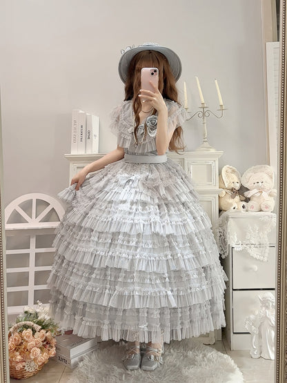 Elegant Waist + Cotton Skirt Tulle Lolita Vest Set Multi-layered Mesh Classic Gray Belt Dotted -