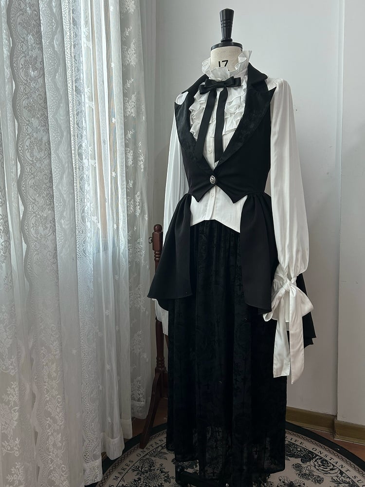 Lolita Shirt Komplett Schwarz und Weiß Gothic Rock Weste Set Lange Ärmel Elegant + -