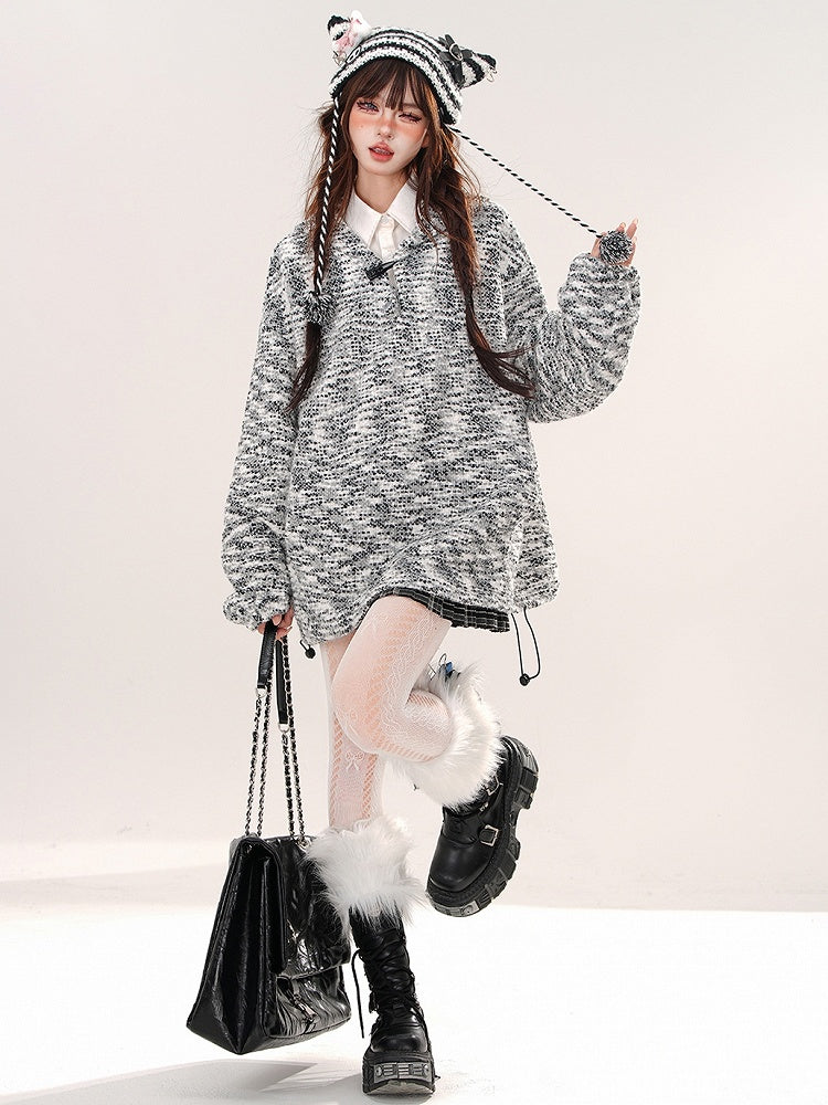 Grauer, lockerer Strick-Hoodie