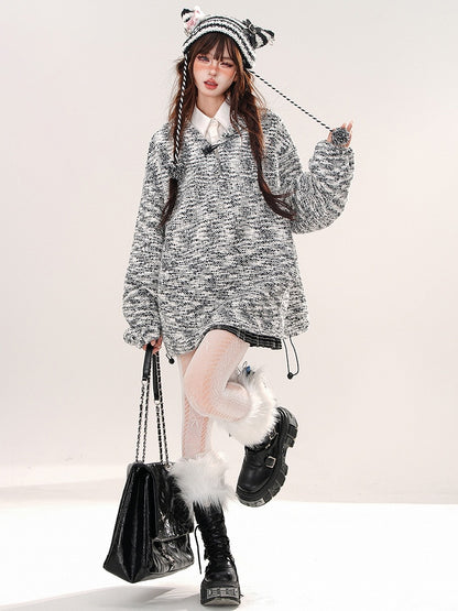 Grauer, lockerer Strick-Hoodie