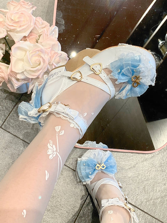 Shoes Lolita Decorated Light Lace Blue Trim Bow Sweet at Top Design Beaded Crisscross