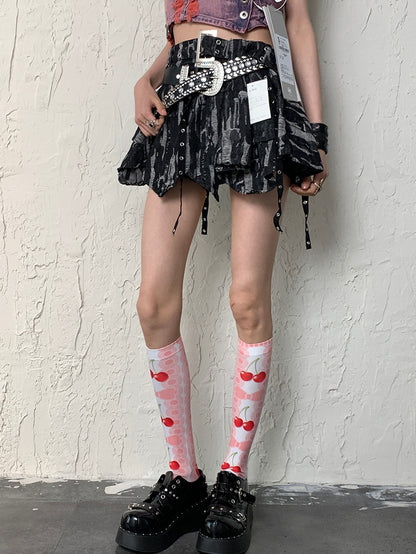 Stockings Print Pink Bowknot And Cherry Underknee Y2K