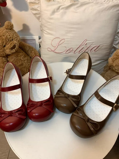 Low-heel Lolita Bow Sweet Mary Accents Heart Snap Janes Dark with Brown