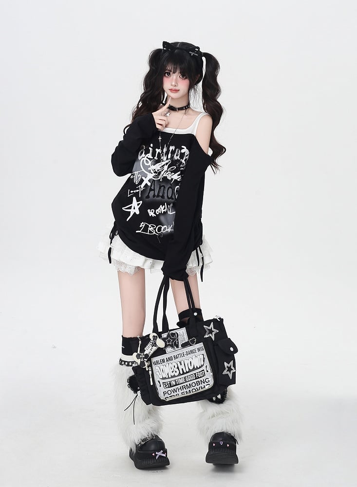 Star Y2K Print Open Shoulder Black/White Top Faux Two-pieces