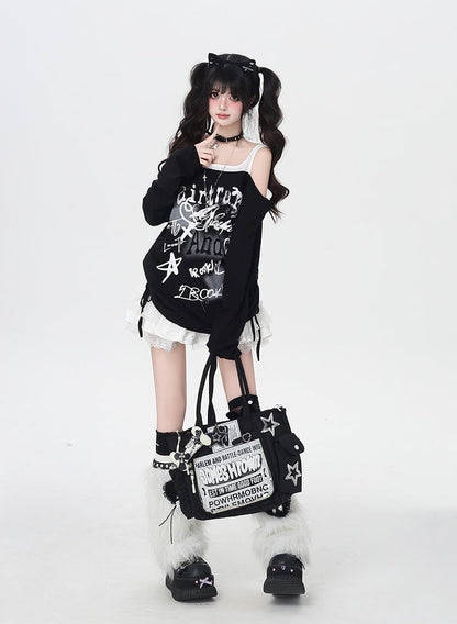 Star Y2K Print Offene Schulter Schwarz/Weiß Top Faux Zweiteiler