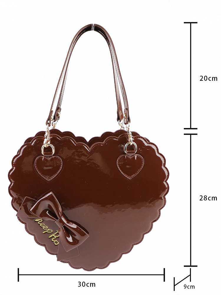 in Style Cookie PU Bag Brown - Heart 2-Way Closure Zipper Bow Lolita with Decor