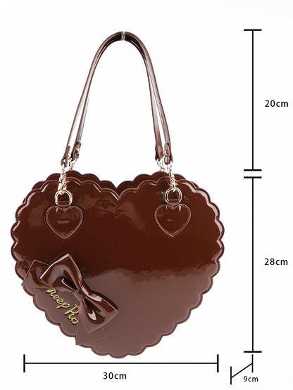 in Style Cookie PU Bag Brown - Heart 2-Way Closure Zipper Bow Lolita with Decor