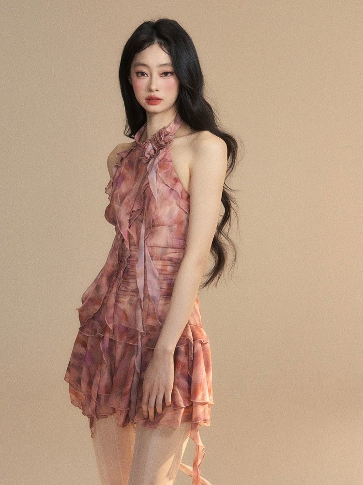 Brick Red Halter Neck Ruffled Hem Tiered Skirt Dress Glamorous