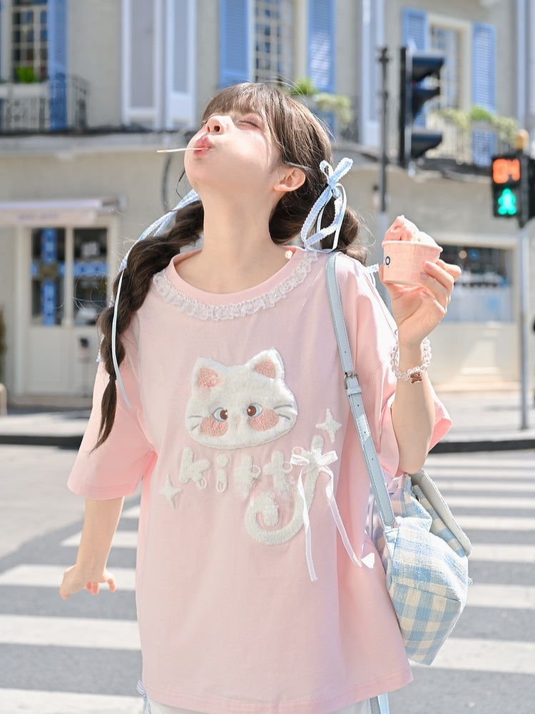 バージョンTシャツ 猫アップリケ ロング/ショート ピンク プラッシュ