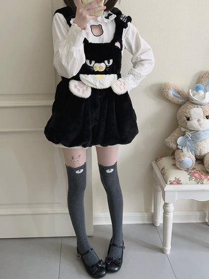 Detachable with Plush Paw Kawaii Soft Hood Cat-Ear Cat Embroidery Bloomer Shorts Overall Black
