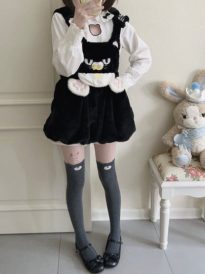 Collar: Kitty Trim Blouse Lace and Sleeve Black Bow Long White Peter with Cutout Pan