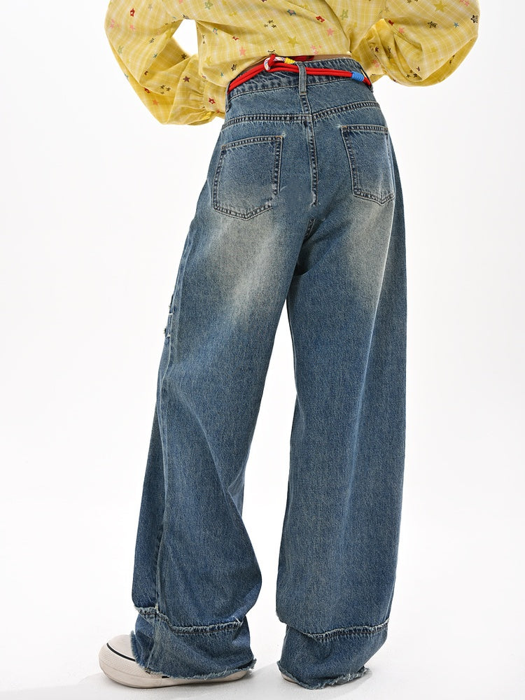 未加工ワイドレッグジーンズ ウエストリボンアップリケ ブルー ローヘム ヴィンテージ