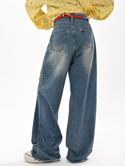未加工ワイドレッグジーンズ ウエストリボンアップリケ ブルー ローヘム ヴィンテージ