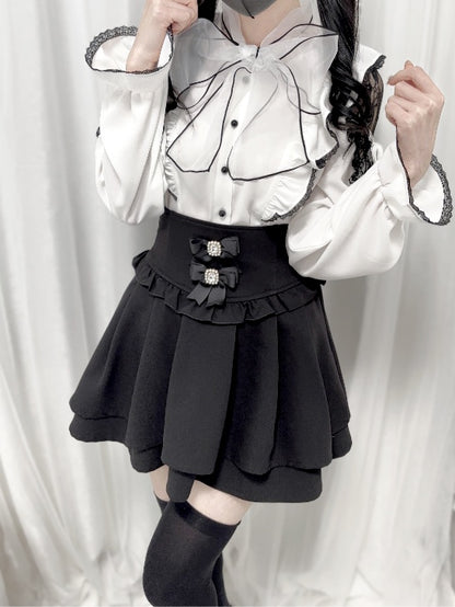 Jirai Kei Black/White/Dusty Cutout Shoulder Blouse Bow Neckline Big Pink