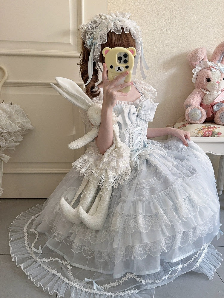 Hanayome-Style Lace Blue Dress Bows Details Multi-Layer Rhinestone Elegant JSK with Lolita