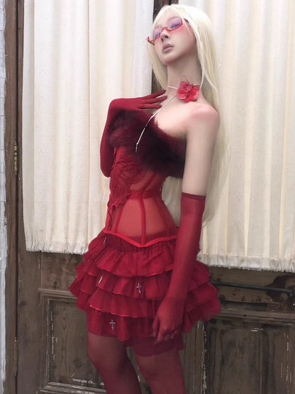 Gothic Red Cross Charms Tiered Tulle Skirt with Built-in Shorts