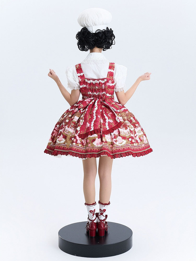 JSK Details Lolita Sweet Bow Trim with and Lace Bear Print Red Cake Dress