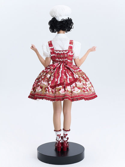 JSK Details Lolita Sweet Bow Trim with and Lace Bear Print Red Cake Dress