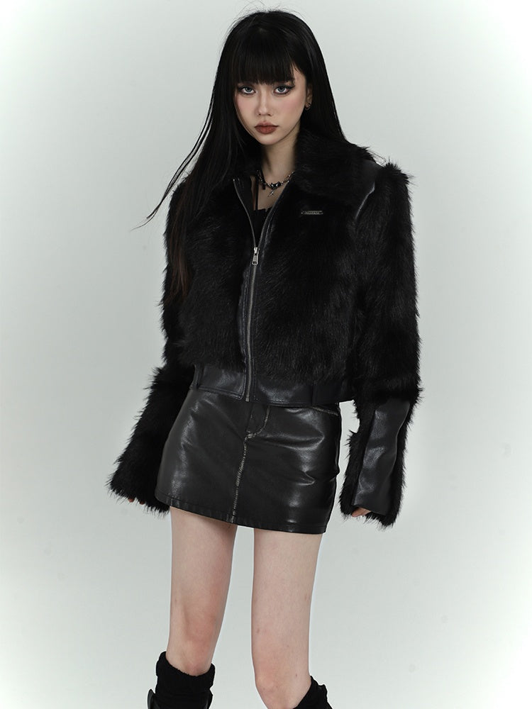 Black Zip Closure Shaggy PU Jacket