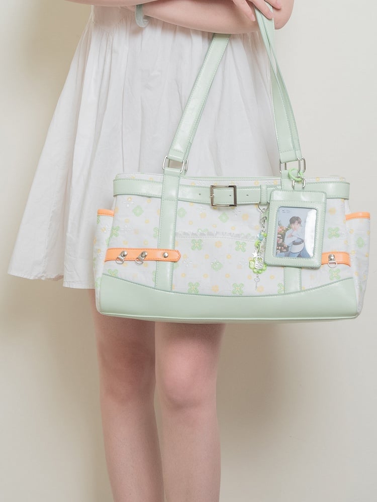 White Green Clover-Themed Large Capacity Tote Ita Bag with Strap Accents And Detachable Ita Card Holder