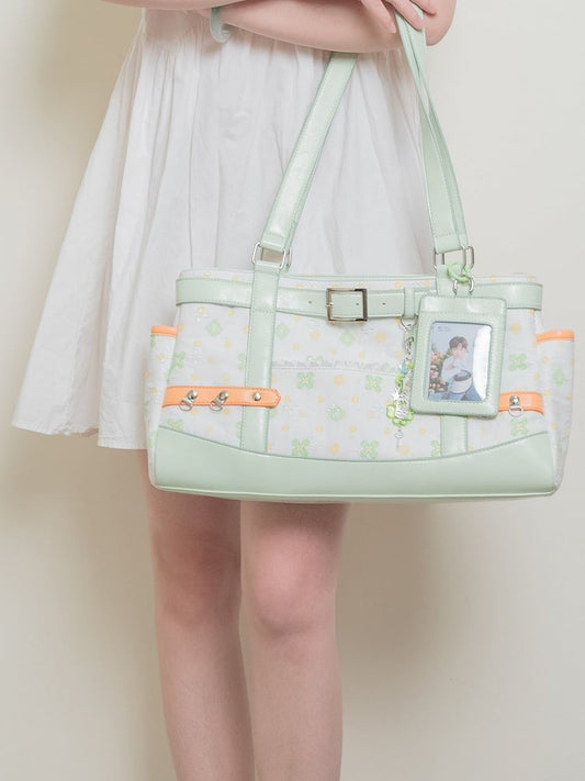White Green Clover-Themed Large Capacity Tote Ita Bag with Strap Accents And Detachable Ita Card Holder