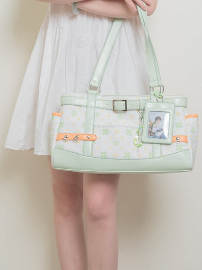 Detachable And Card Green White Ita with Accents Holder Large Strap Clover-Themed Bag Capacity Tote