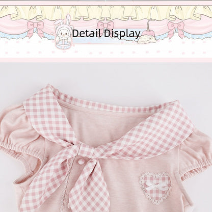 Pink Gingham Puff Sleeve Top with Tie Collar - serendipity