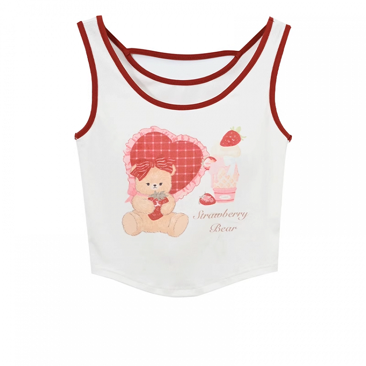 Bear Sweet White Adorable Trim Tank Top Contrast Red Print