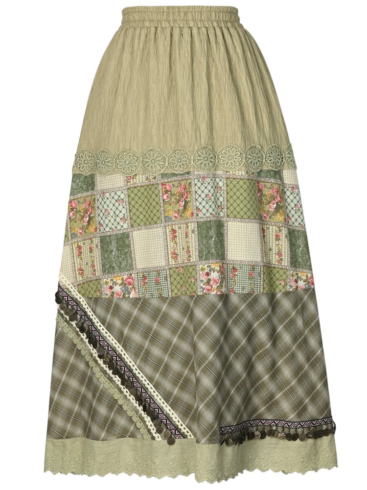 Grüner Cottagecore-Patchworkrock mit hoher Taille im Bohemian-Stil