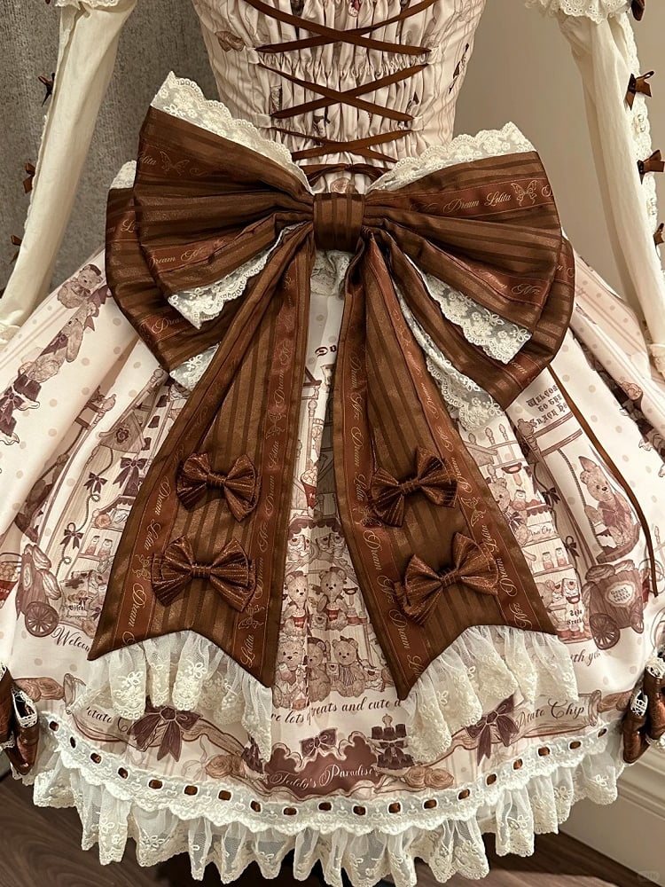Sweet Brown Little Dress Lace Lolita Bear JSK Flutter with Sleeves Print Beige Details Workshop