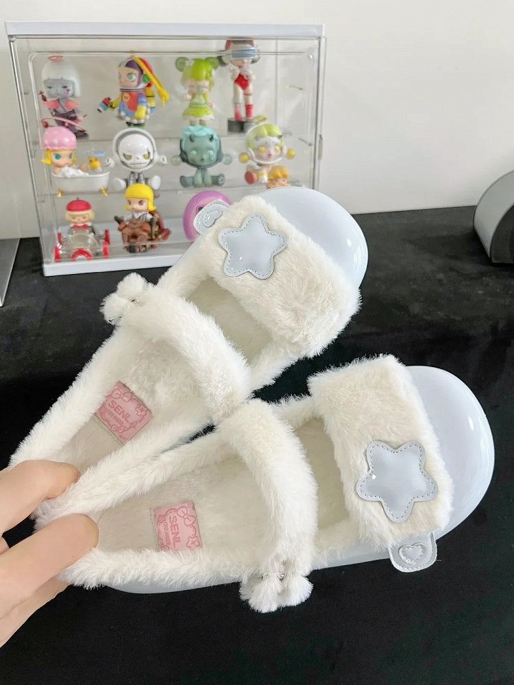 Accent Flats Button Star Baby Plush Lolita Sweet Detail - Cozy for Snap Blue Strap Winter