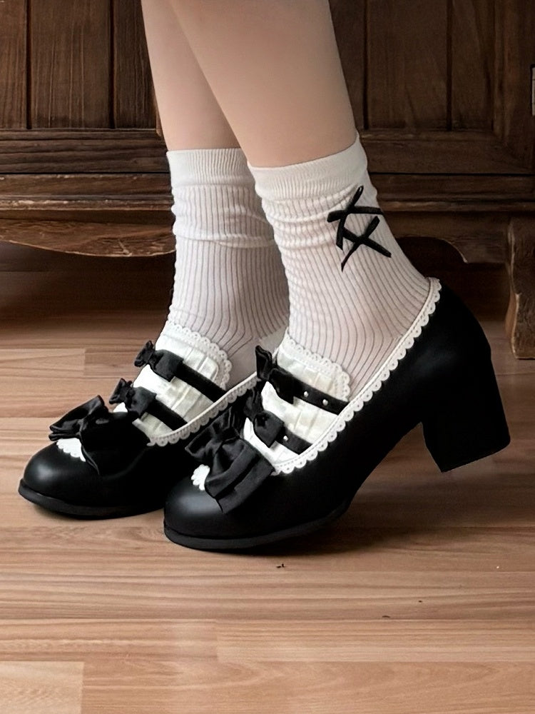 Bow Mid-heel Elegant Shoes Slip-on Lolita Scalloped Hem Accents White Black