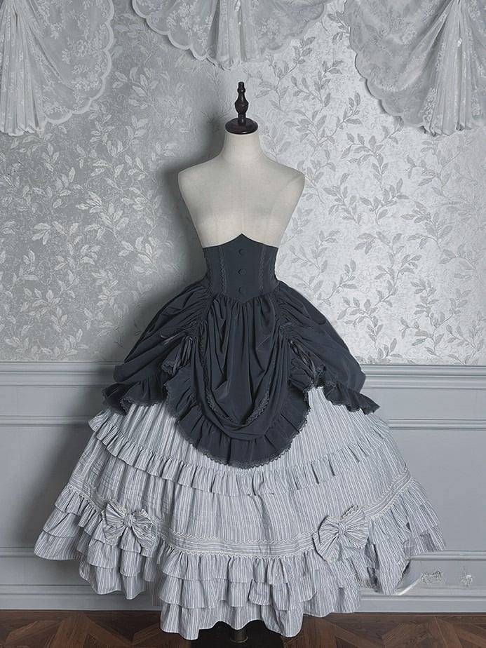 with Boned Waist Skirt High Ruffled Lolita Gray Hem