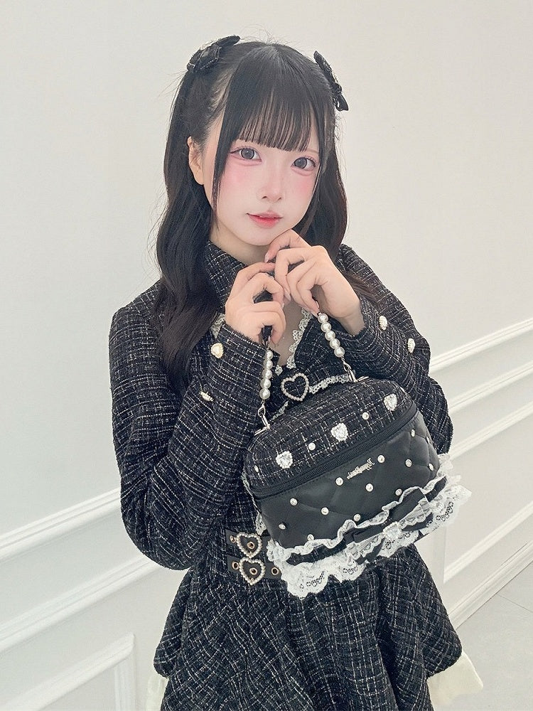 Black Jirai Kei Tweed PU Handbag with Lace Trim Detail - Puppet Bombs