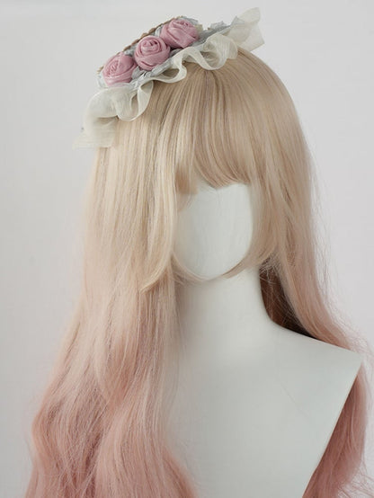 Blue Lolita Woven Design Flower Hat Mini Accents with Pink Sweet