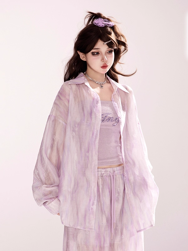 Light Waist Wide-leg Casual Loose Shirt / Pants Purple Drawstring