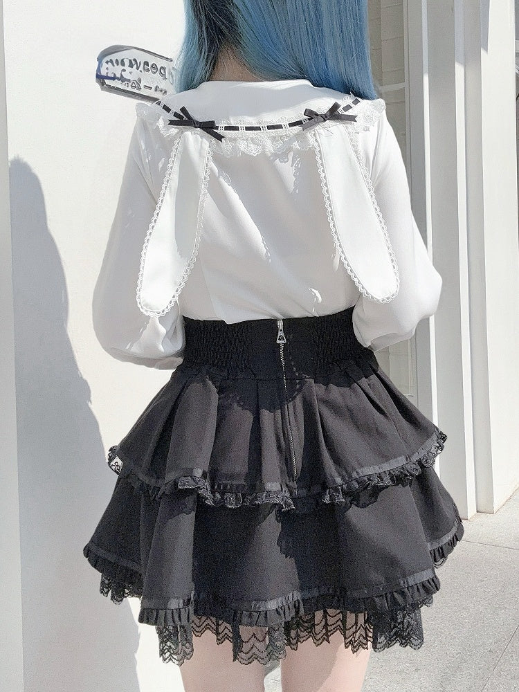 Bunny-Ear Collar Blouse White Back with Black Lace | Jirai Bow Contrast Trimmed Kei