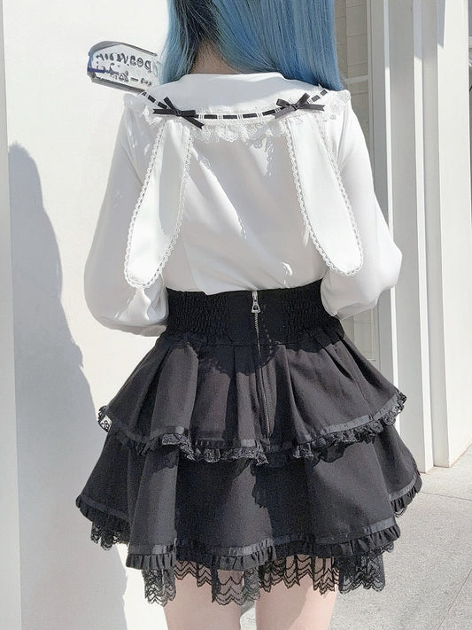 Bunny-Ear Collar Blouse White Back with Black Lace | Jirai Bow Contrast Trimmed Kei