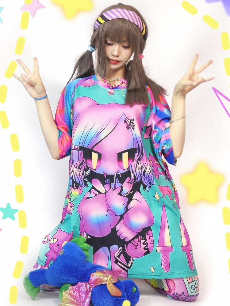 ギャルのカラフルな漫画のショートストライプファッションパターンプリントスリーブTシャツ