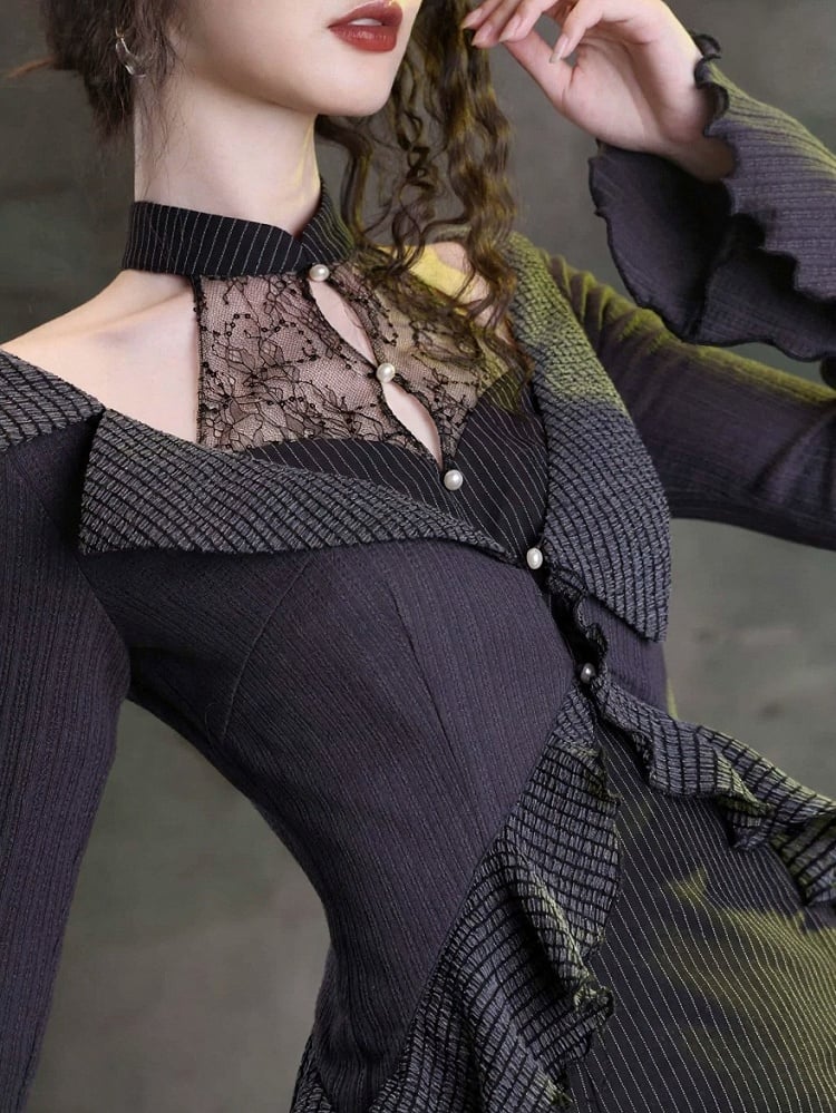 Retro Black & Gray Two-Piece Look Striped Halter Gown with Ruffled Trim - sijinstudio