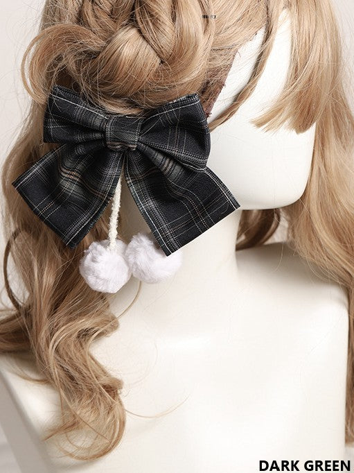 10 Color Options Sweet Lolita Pom-Pom Plaid Bowknot Hairclip
