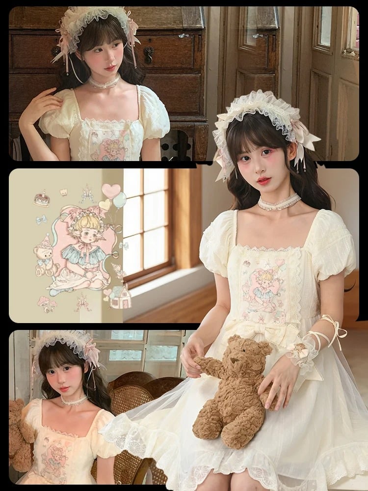 Puff-Lolita-Kleid, große Taille und Märchendruck, Aprikose, quadratisch, lässige Ärmel, Schleife, kurzer, süßer Ausschnitt