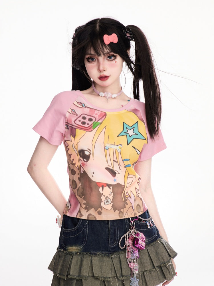 ピンクのY2K漫画ガールプリントTシャツ/キャミソールトップ