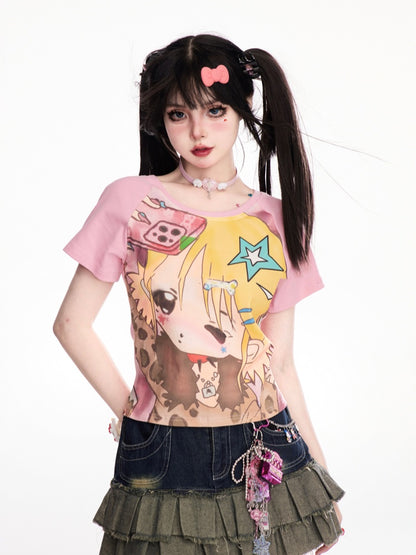 ピンクのY2K漫画ガールプリントTシャツ/キャミソールトップ