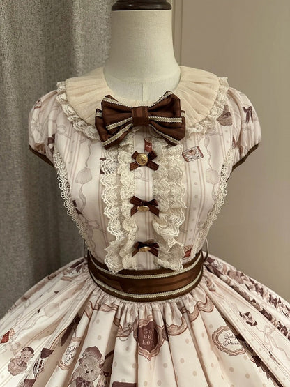Puff Dress Lolita Print Little Brown Bear with Accents Sleeves Bow Beige Sweet Mini