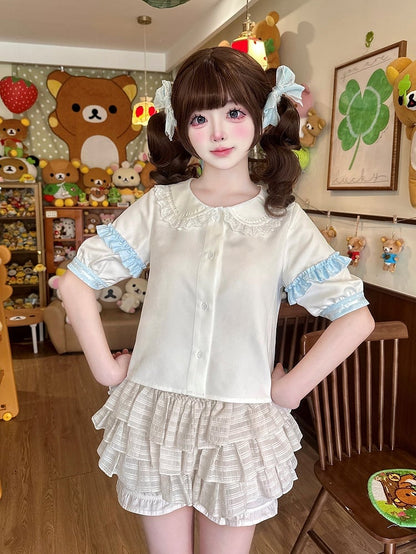 Beige Sweet Lolita Blouse with Blue Ruffle Trim - Sweetheart Dream
