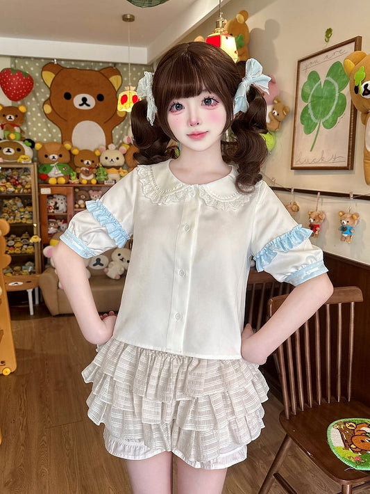 Chemisier Lolita Beige à Volants Bleus - Doux Rêve de Chérie