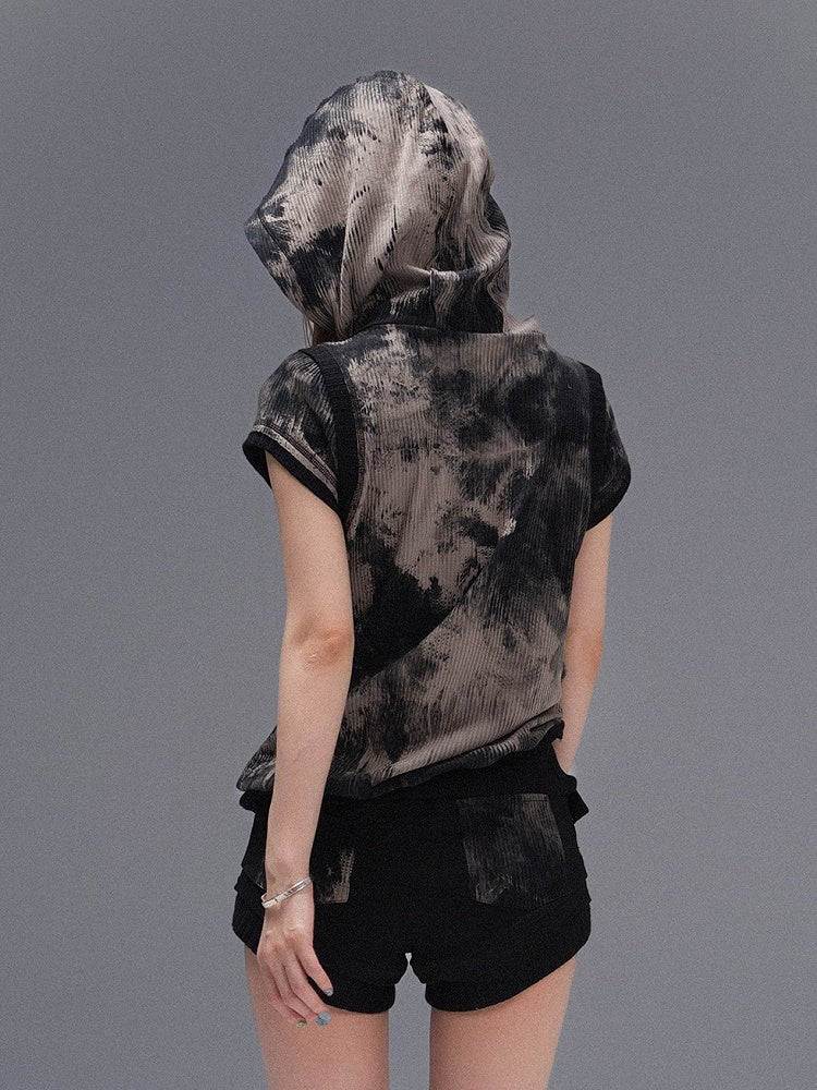 Hooded Rhinestone Grommet Straps with Gray Totem Tie-Dye Black Top Punk