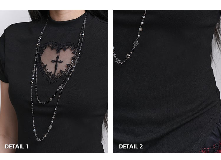 Print T-shirt Black Mock Neck Heart-shaped Cutout Cross